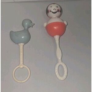 Vintage Set Of 2 Baby Rattle Hand Toys Plastic Duck And Doll White Handles